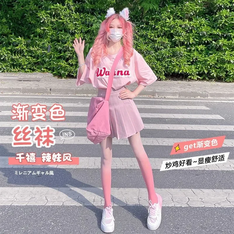 Strumpfhose mit farbverlauf, eng anliegend für mädchen, sommer, dünne kleidung, damenstrumpfhose in bonbonfarben, süße lolita-strümpfe, damen: Xxs / Schwarz