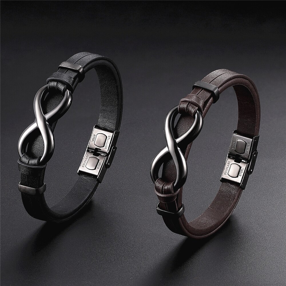 Men Black 8 Words Stainless Steel Leather Bracelet Classic Bangle 19/21/23cm Valentine&#39;s Day For Men Women