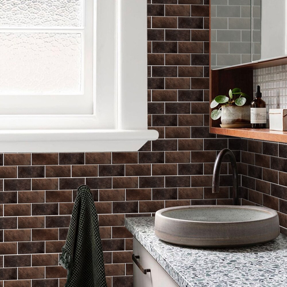 Decoración de pared de cerámica Retro europea, pegatinas autoadhesivas a prueba de aceite para azulejos de baño, impermeables, Marrón sólido