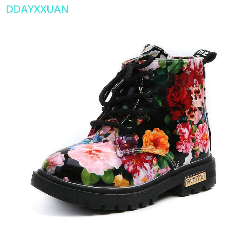 Kids Boots Leather Autumn Floral Flower Print Children Baby Martin Boots Cute Casual Girls Boots Shoes EU 21~30