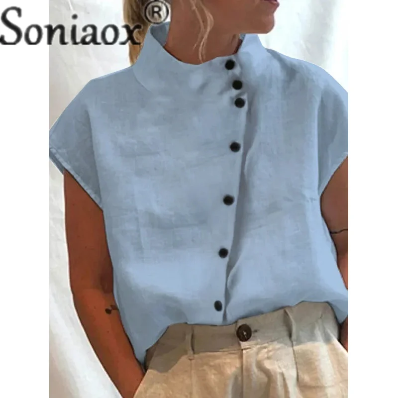 Camisa de lino y algodón con cuello levantado para mujer, cárdigan de estilo Simple con una botonadura, Tops, blusa holgada informal para mujer 2023: XL / Azul claro