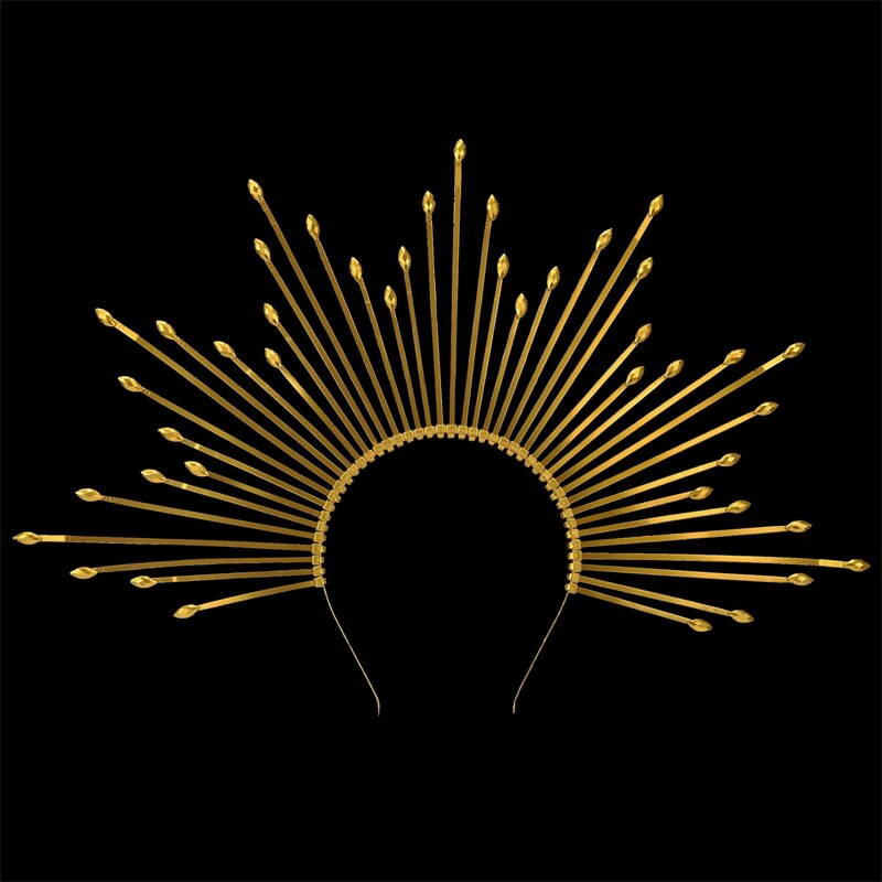Diosa Halo corona Sunburst Diadema con pinchos dorados con diamantes de imitación para mujer, accesorios para sesión de fotos de boda y Halloween