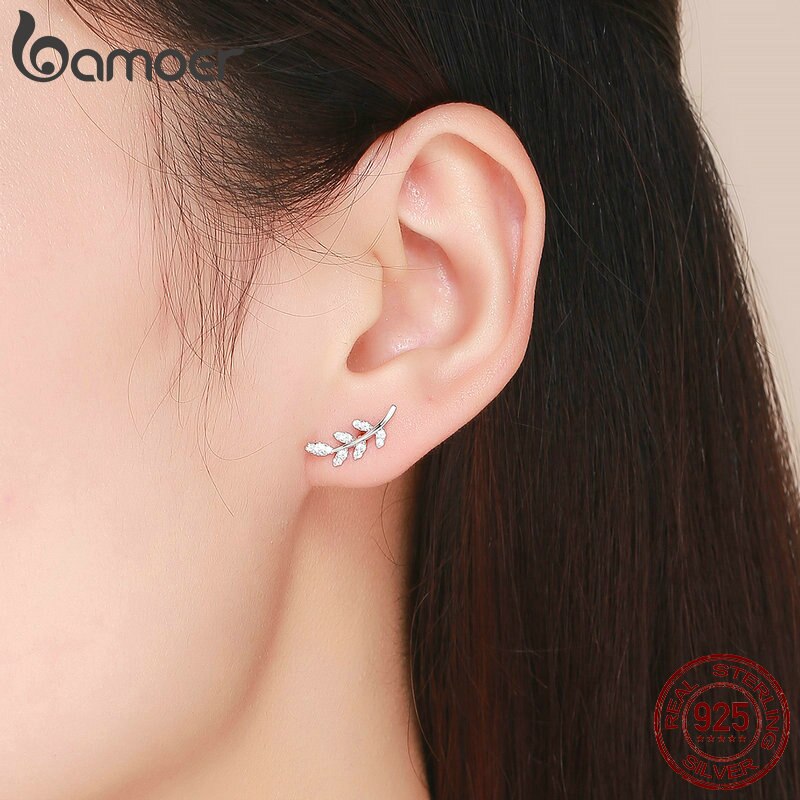 BAMOER Authentic 925 Sterling Silver Spring Leaf Leaves Clear CZ Zircon Stud Earrings for Women Earrings Jewelry BSE031