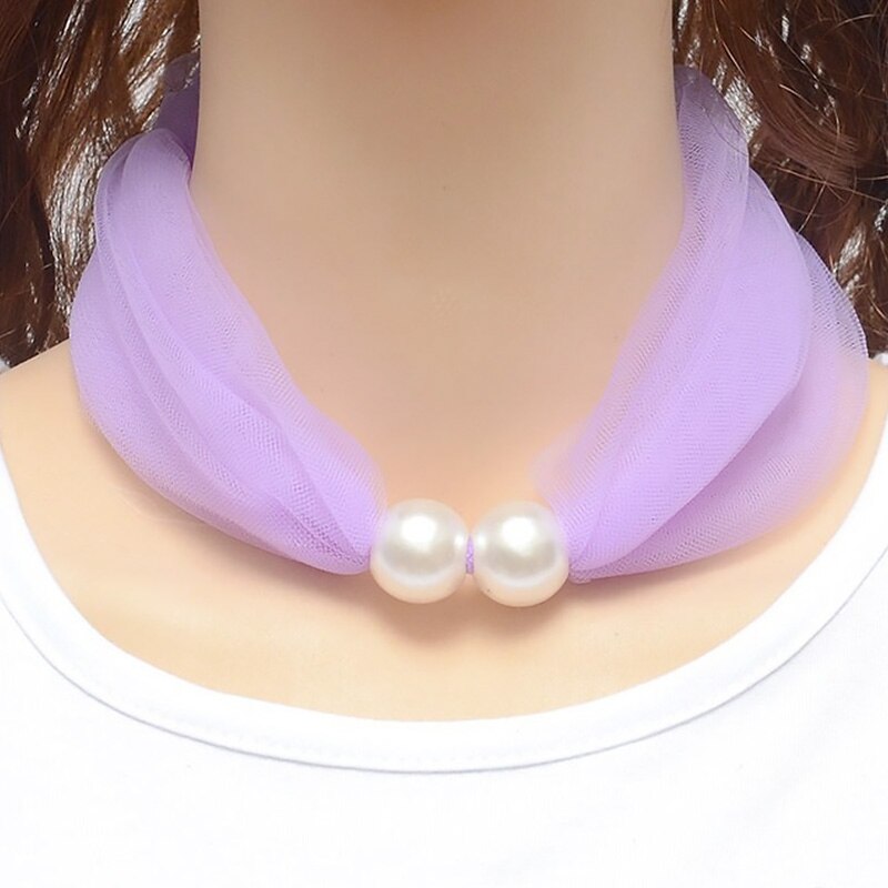 Spring Net Yarn Pearl Scarf Necklace Women Choker Party Jewelry Pure Color Scarf Necklaces: Purple