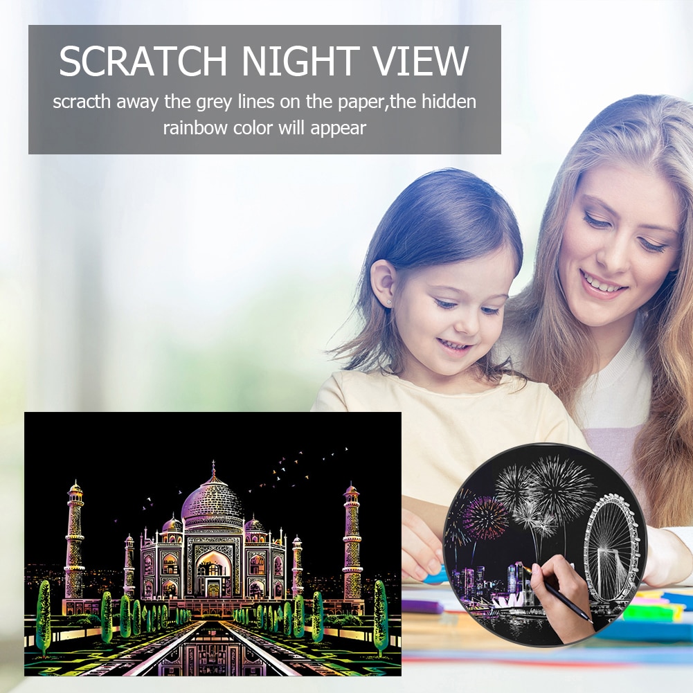 1 Set Taj Mahal Scraping Painting Drawing Paper Colorful Scratch Art Kids Adult Scratch Art Doodle Scraping Painting Puzzle