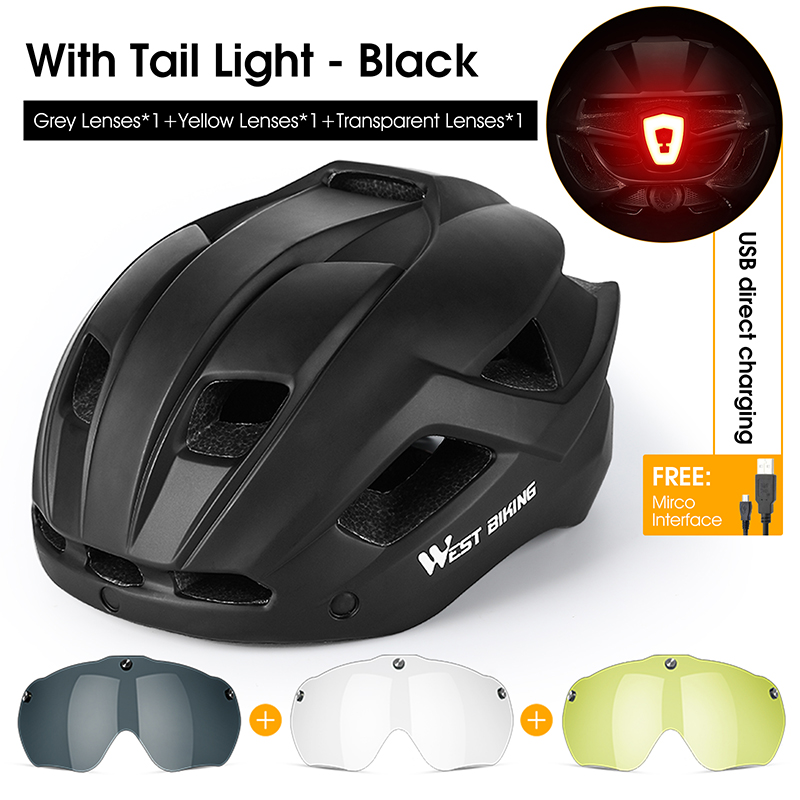 WEST BIKING-casco de ciclismo para hombre y mujer, gafas con luz trasera, visera para el sol, casco para bicicleta de montaña y carretera, gorra segura para motocicleta: Negro