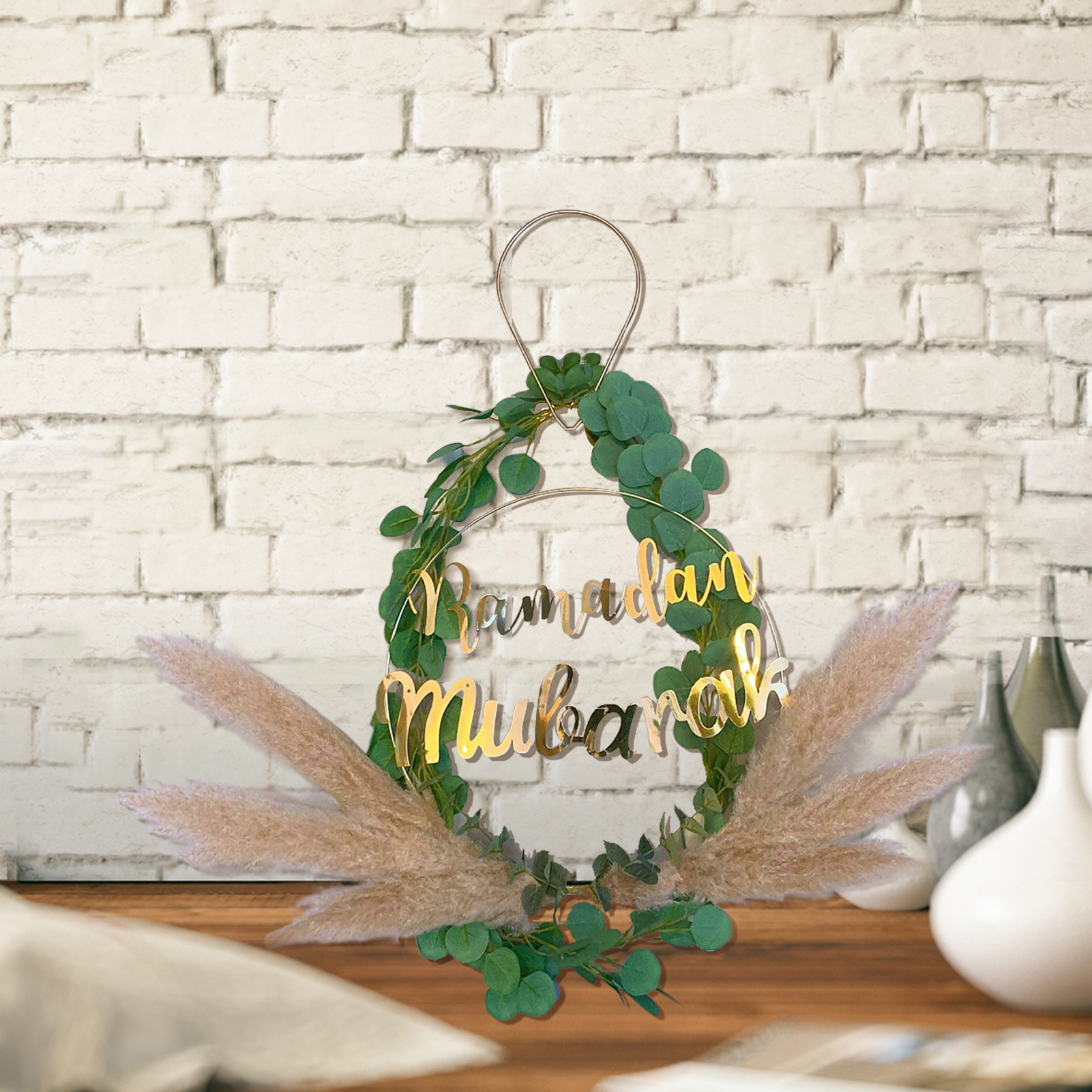 Ramadan Mubarak Metal Hoop Wreath Innovative Artificial Green Leaves Reed Wreath For Spring Summer Hangings Ramadan Decorations
