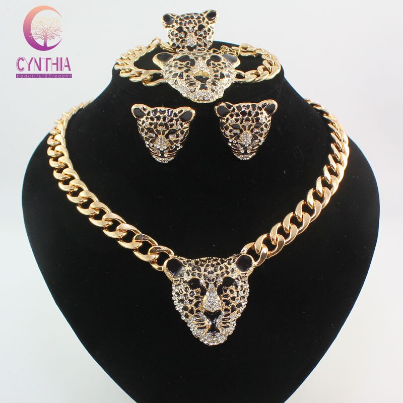 Cool Zwart Emaille Luipaard Hoofd Crystal Ketting Set Voor Vrouwen/Mannen Trendy Goud Kleur Kostuum Afrikaanse Sieraden Sets
