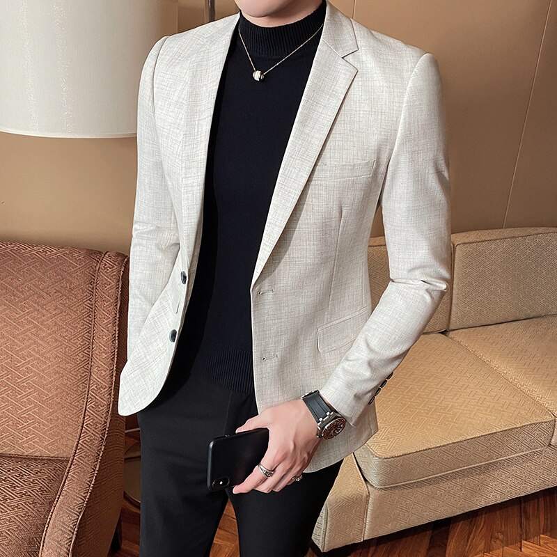 Mens Slim Fit Blazer Business Casual Blazer Suit Jacket Spring Luxury Beige Club DJ Stage Clothers Terno Masculino