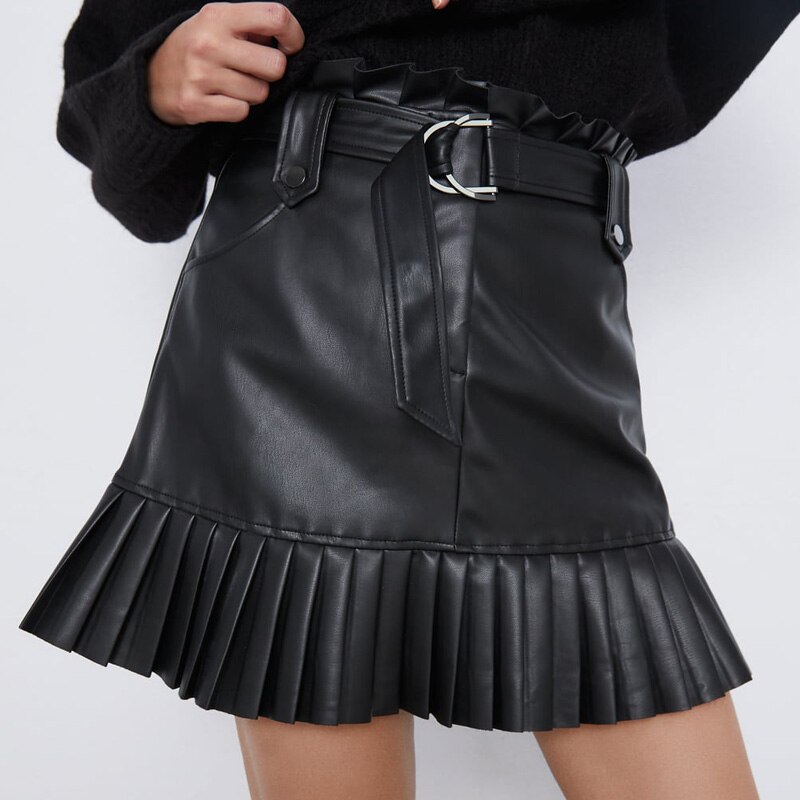 Mini faldas de PU negras para mujer falda de cuero de imitación para mujer con cinturón de lazo en la cintura para mujer IP: S