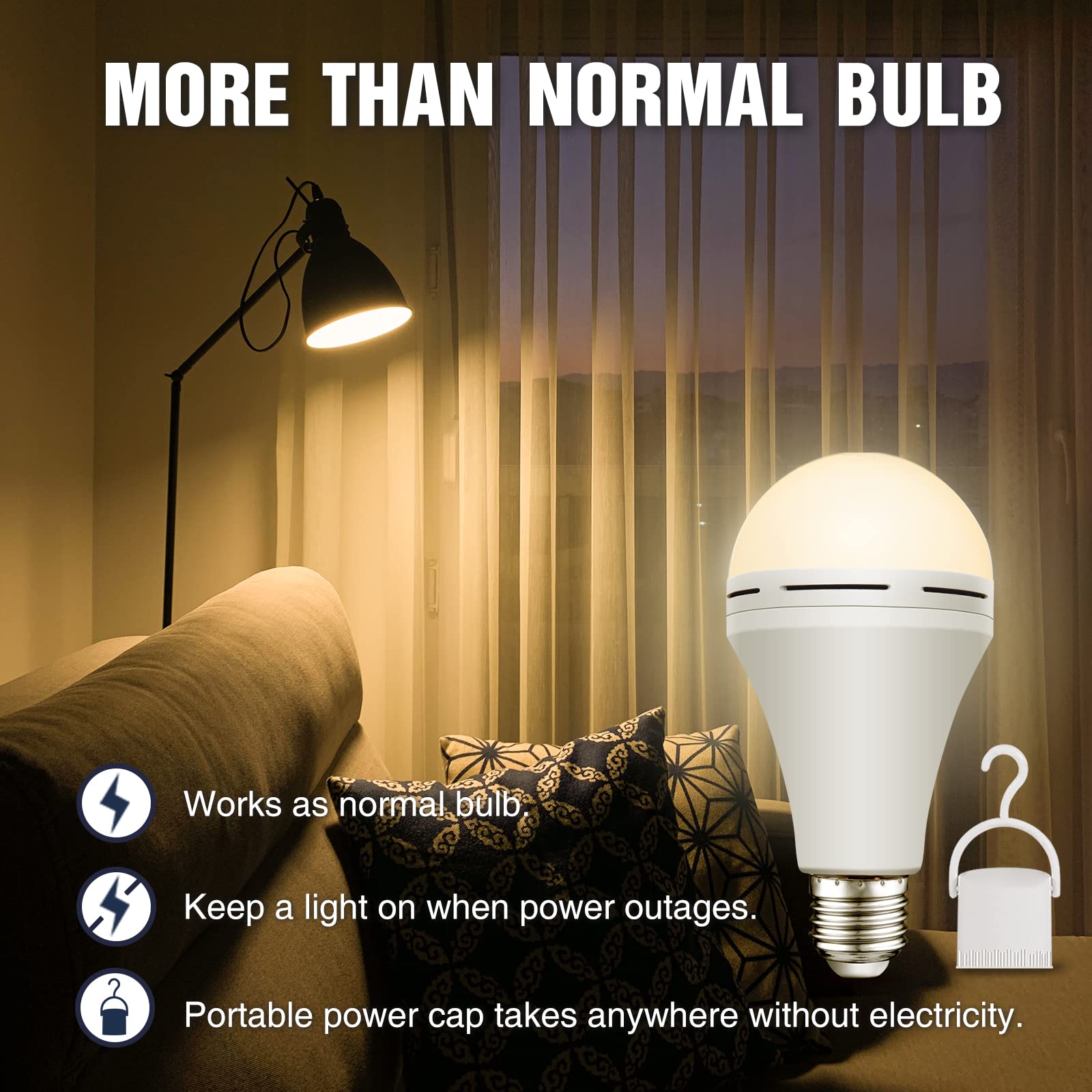 1/4er-Pack wiederaufladbare Notfall-Glühbirnen, batteriebetriebene LED-Glühbirne, E27, 12 W, 60 W, äquivalent für Stromausfall zu Hause, Camping