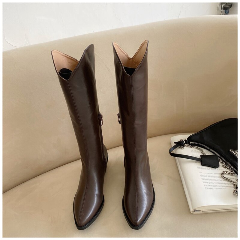 SUOJIALUN-bottes chevalier pour femmes, nouvelle , bottes carrées à talons bas et de , bottes occidentales à bout pointu, montantes,: Marron / 37