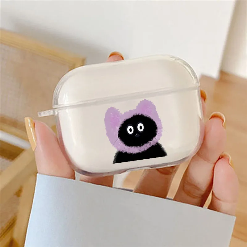 Funny Cartoon Black Cat Earphone Case For Apple AirPods 4 3rd 2 Pro 2 Transparent Cover For Airpod 1 3 Protective Cute Box Shell