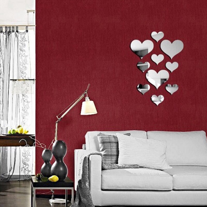 Espejo acrílico de corazón de amor para pared, Adhesivo de pared, empolvable, arte de sala de estar, decoración del hogar, 10 Uds.