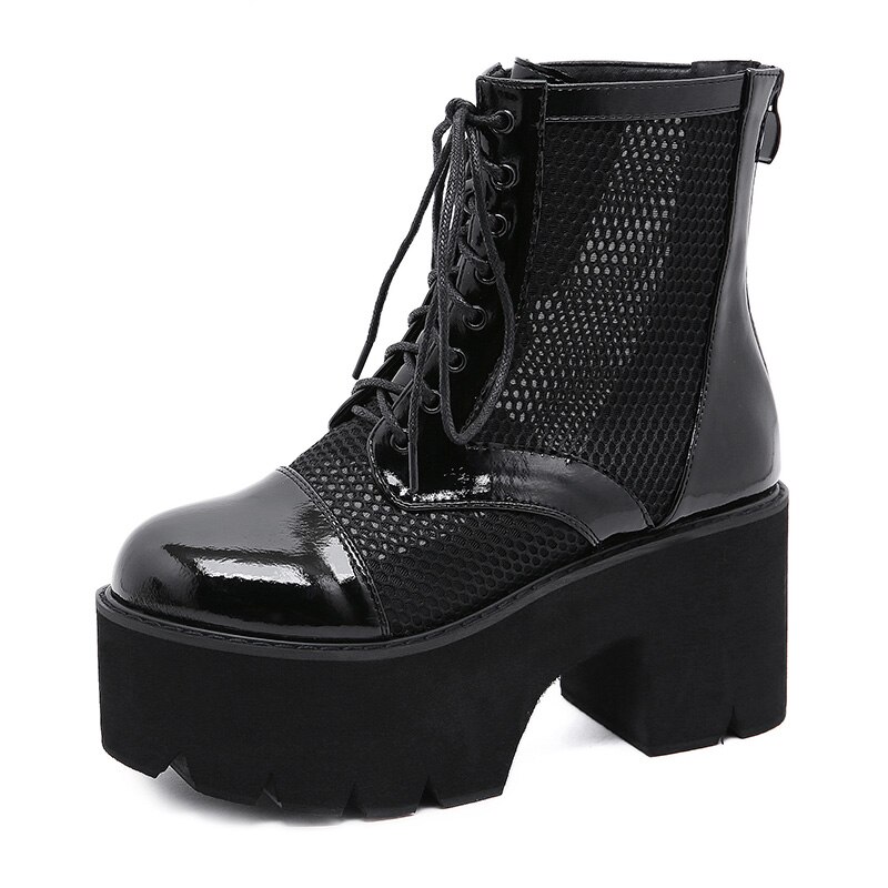 Gdgydh, zapatos góticos para mujer, botas de plataforma para mujer, tacones altos, encaje, malla Blace, transpirable, charol, de Cuero Botines, tacones gruesos: 7