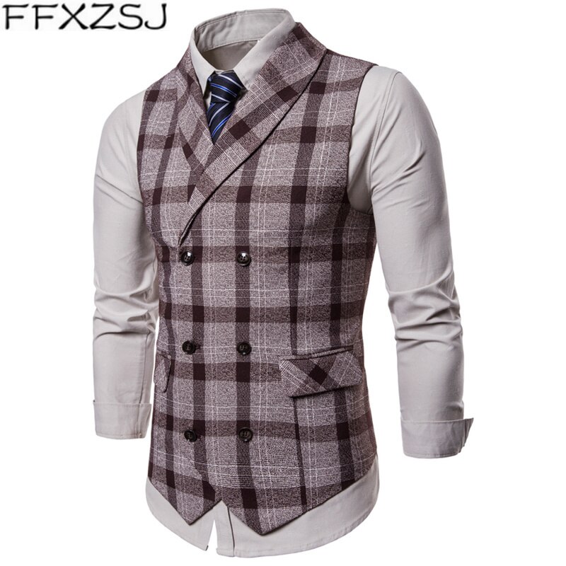 Ffxzsj mænd vest rød plaid vest dobbeltradet v-hals krave afslappet stil slim fit bryllupsfest slid plus size vest mænd