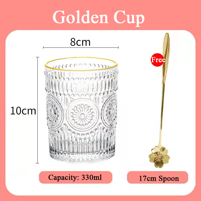 400ml Transparent Glass Water Cup Household Simple Fresh Style Wine Glass Retro Carved Drinking Juice Milk Coffee Beer Glass Cup: G 330ML and Spoon