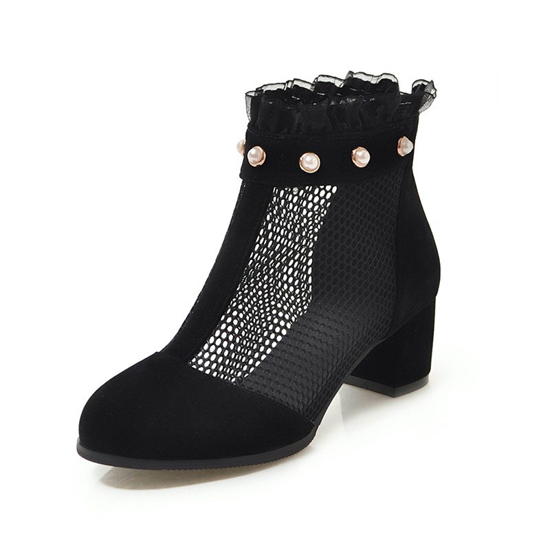 Jk 2019 novo verão/primavera grosso med calcanhar calçado feminino malha babados ankle boots pérola botas dedo do pé redondo com zíper sapatos mulher: Black / 4