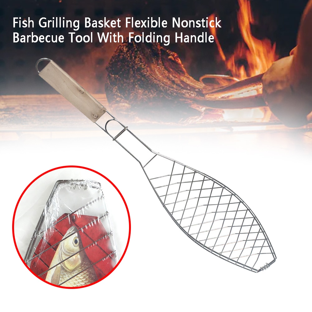 BBQ Flexible Nonstick Burger Outdoor Fish Grilling Basket Accessories With Folding Handle Vegetable Roasting Chicken Portable