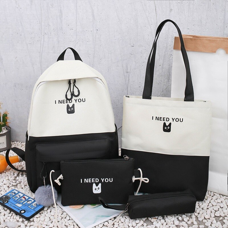 4 Pcs/set School Bags for Teenage Girls Anti Theft Travel Backpack Laptop Bagpack Rucksack Women College Student Backbag Mochila: Black