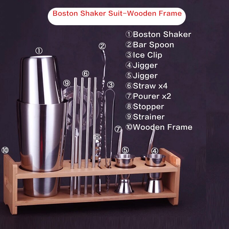Bar Soul Cocktail Shaker Set Stainless Steel Bar Tools Bartender Tools Shaker Jigger Spoon Muddler Bartender Set: Boston wooden