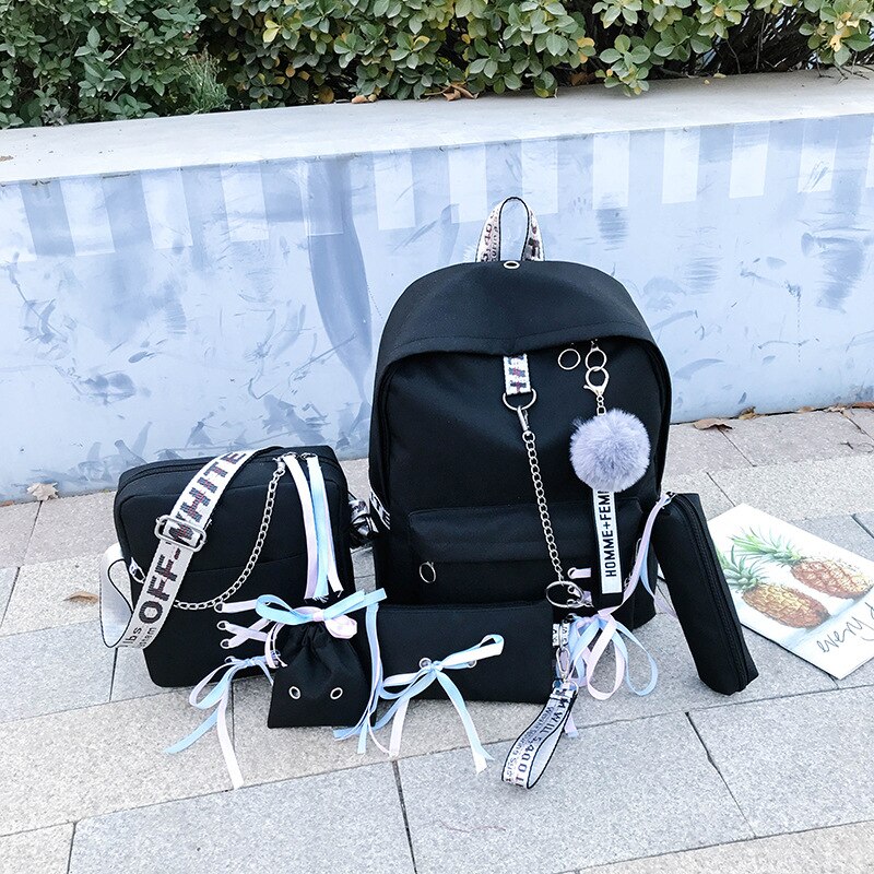 Catena di Borsa di Tela Femminile Del Sacchetto di Libro Zaino 5 Pz/set di Scuola Borsa da Viaggio Zaino Pacchetto di Modo Della Nappa Delle Donne Adolescenti Adolescenti Ragazza 2019: chain black sets