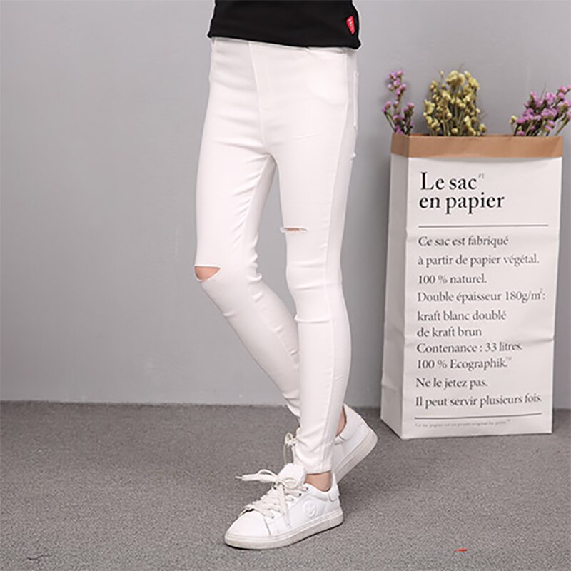 Elastic Girls Leggings Cotton Ripped Pencil Pants For Teenage Girl Slim Kids Trausers Children School Pants 10 12 years: White / 8