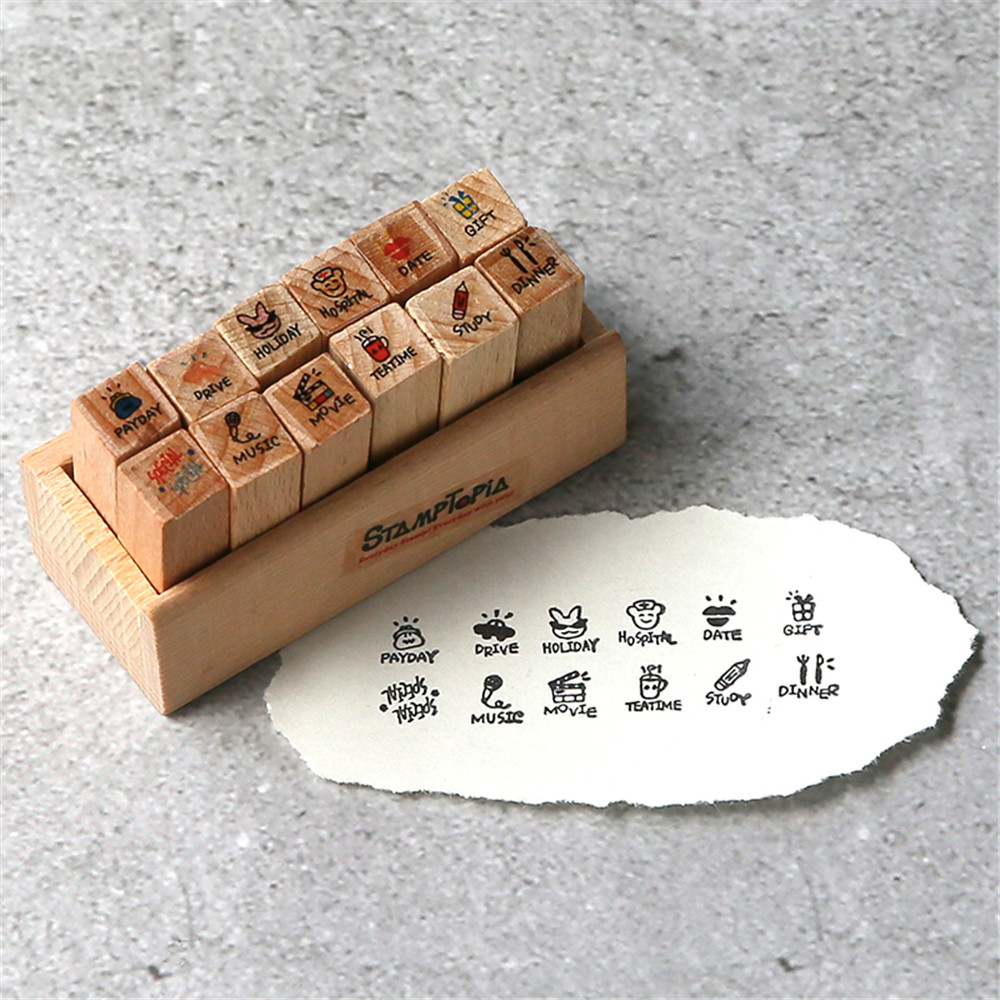 12pcs/set Date Weather Stamps Korean Stationery DIY Wooden Rubber Stamp for Planner Notebook Scrapbooking Journal Supplies: B