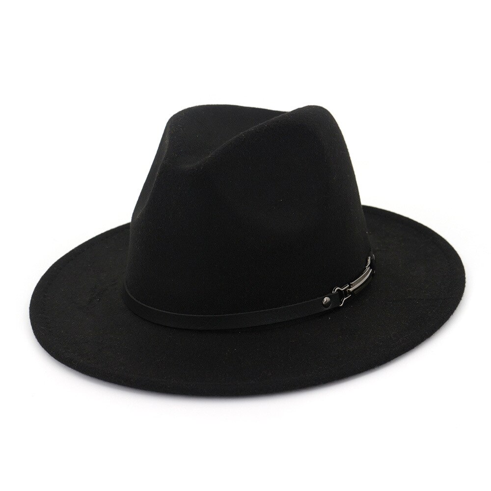 Höst vinter vanliga fedora hattar för kvinnor hatt vintage bowler jazzmössa filt bred brätte solkyrka hatt: Svart