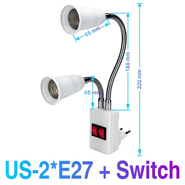 E27 flexibele lampvoeten, licht  ac85-265v verlengstukken, converter, aan/uit schakelaar, controle-led, lampadapter, houder, schroeffitting, eu/us-stekker: 2 e 27- wg-s-us