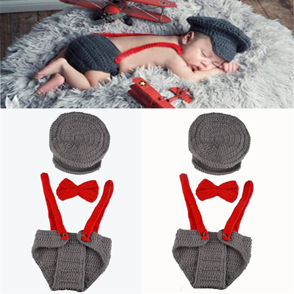 Gehaakte Baby Boy Gentleman Hoed Strikje Broek Set Gebreide Muts Baby Pasgeborenen Foto Props Baby Breien Outfits 1 set MZS-15039