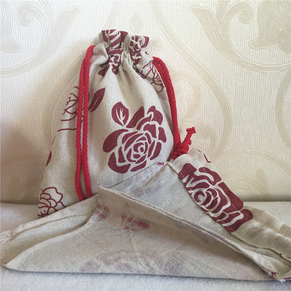 YILE Cotton Linen Drawstring Multi-purpose Pouch Party Bag Red Rose Flower Red String 8201c