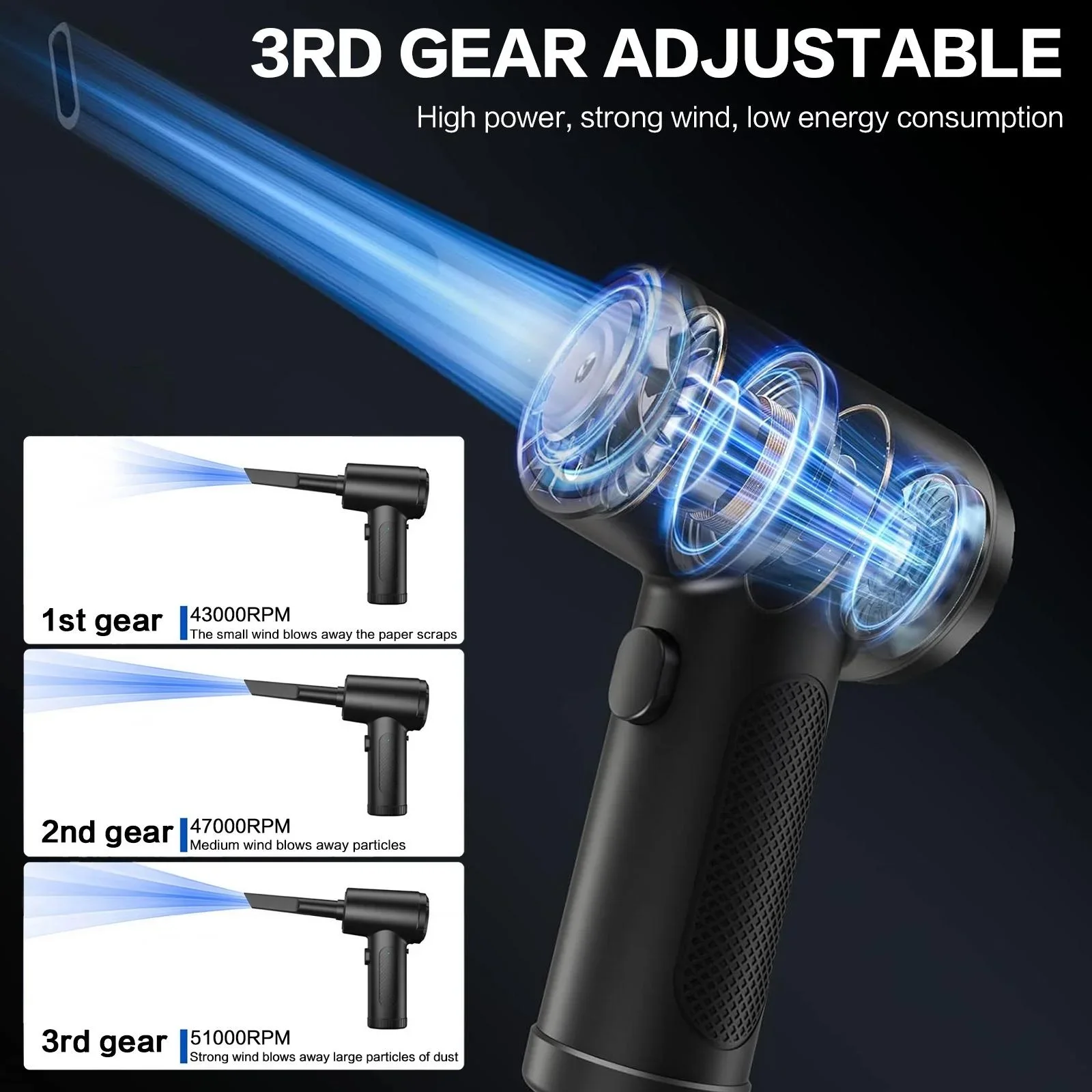 STONEGO 6000 mAh oplaadbare elektrische luchtstofdoek, 3 snelheden tot 51000 RPM, draagbare luchtblazer met LED-licht voor stofreiniging