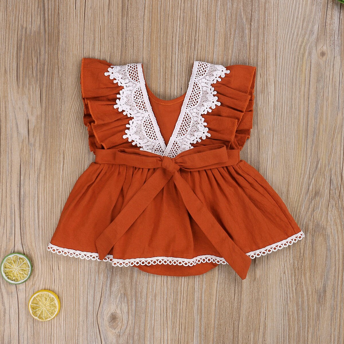 Focusnorm Herfst Mooie Baby Meisjes Jongens Romper Jurk Kant Solid Ruches Backless Jumpsuits 0-18M 2 Stijl