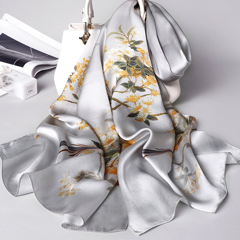 Silketørklæde kvinder blomster og fugle mønster sjaler wrap dame lang blød pashmina foulard femme vinter tørklæde: Zhens 03 sølv