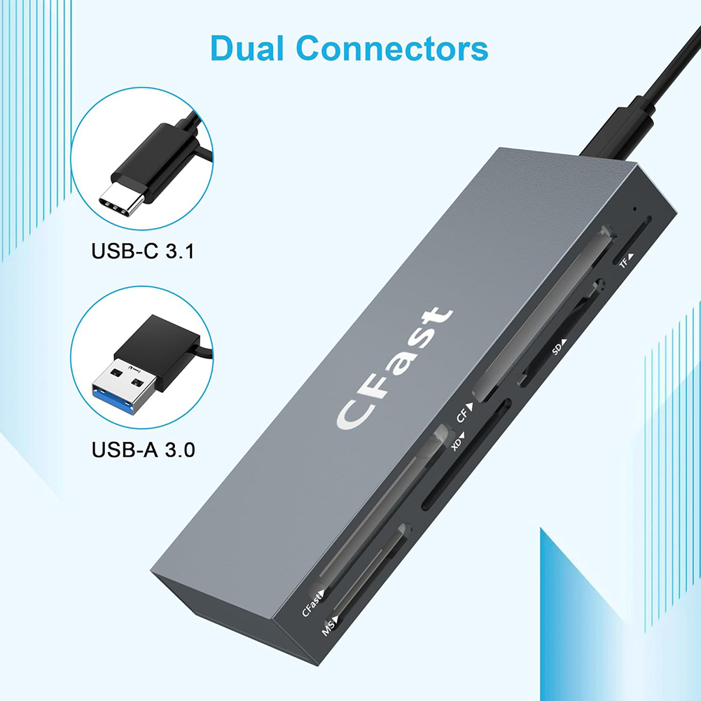CFast Card Reader Read 6 Cards Simultaneously USB C CFast 2.0 Card Reader USB Card Reader for CFast/CF/MS/SD/TF/XD Card