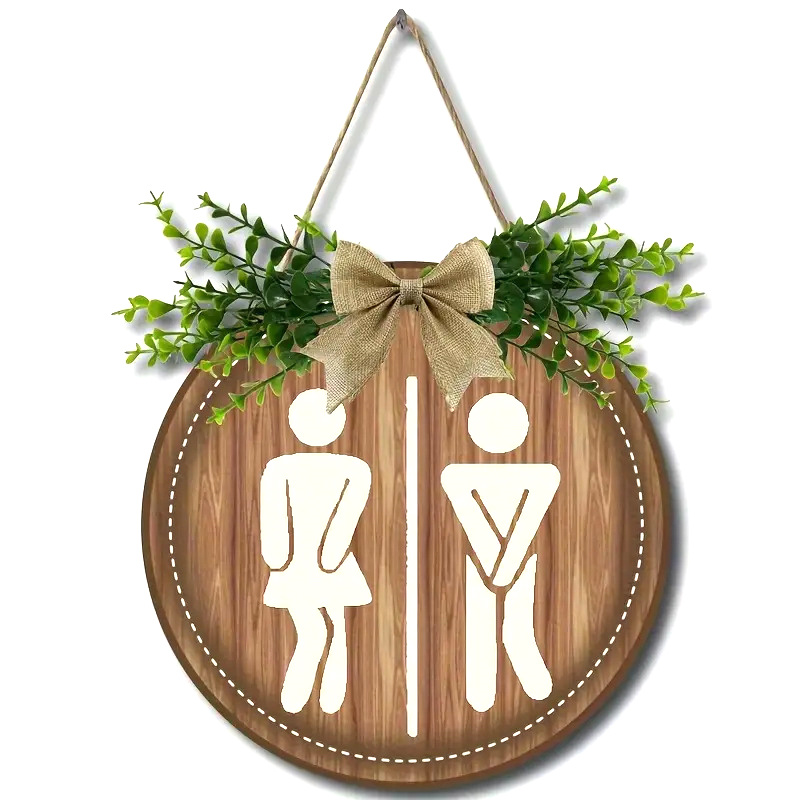 Guirnalda rústica de madera para decoración de pared, letreros de tablero redondo, letrero colgante para puerta de lavandería y baño, decoración divertida para inodoro Unisex