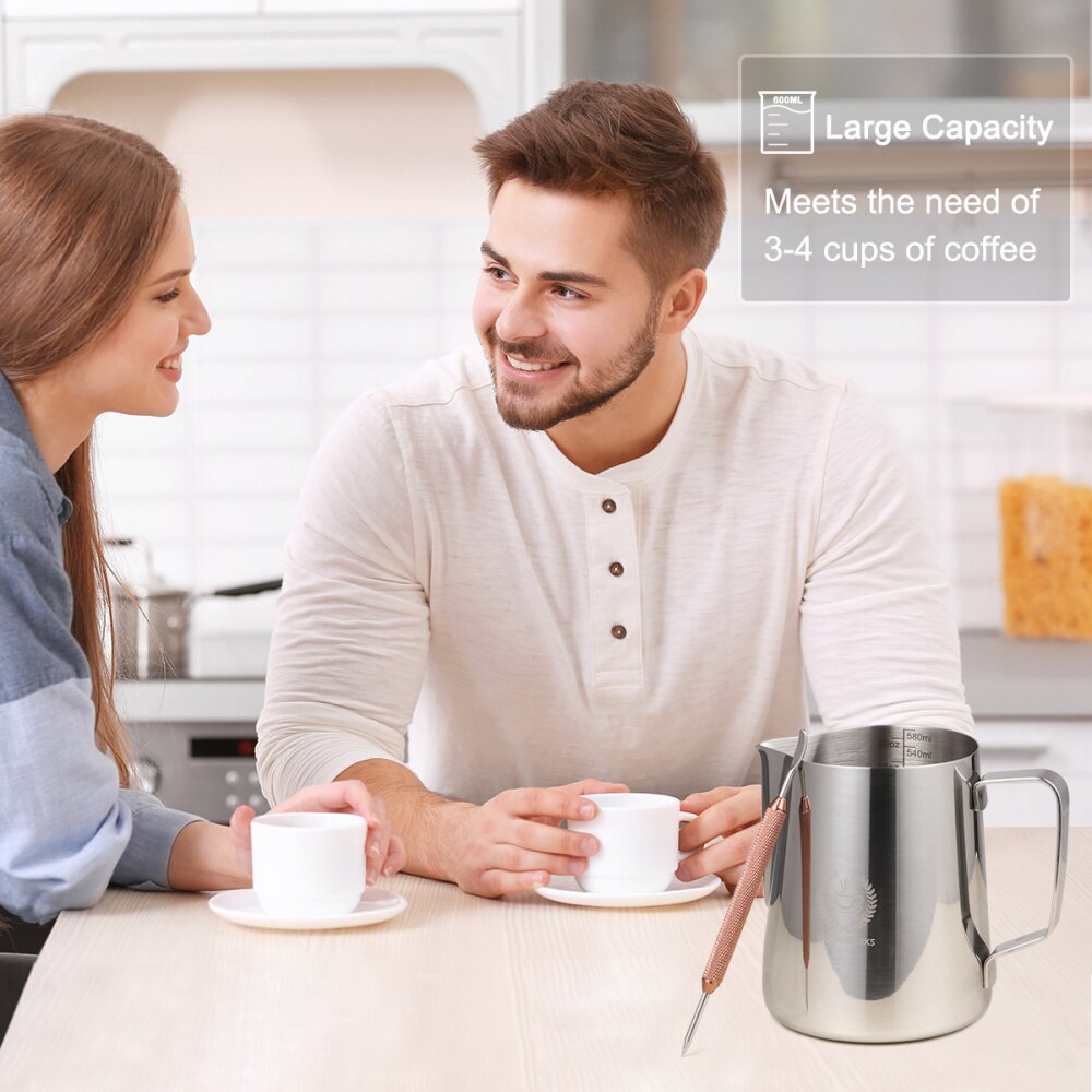 HOMEMAXS 1PC Milk Pitcher with Latte Art Pen 20oz/600ml Useful Large Capacity Holder for Coffee Espresso Cappuccino Latte