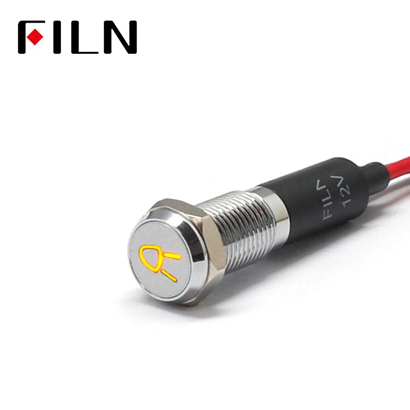 Filn 8mm bil instrumentbräda små lampor symbol led röd gul vit blå grön 12v led indikatorlampa med 20cm kablar: Gult silverskal