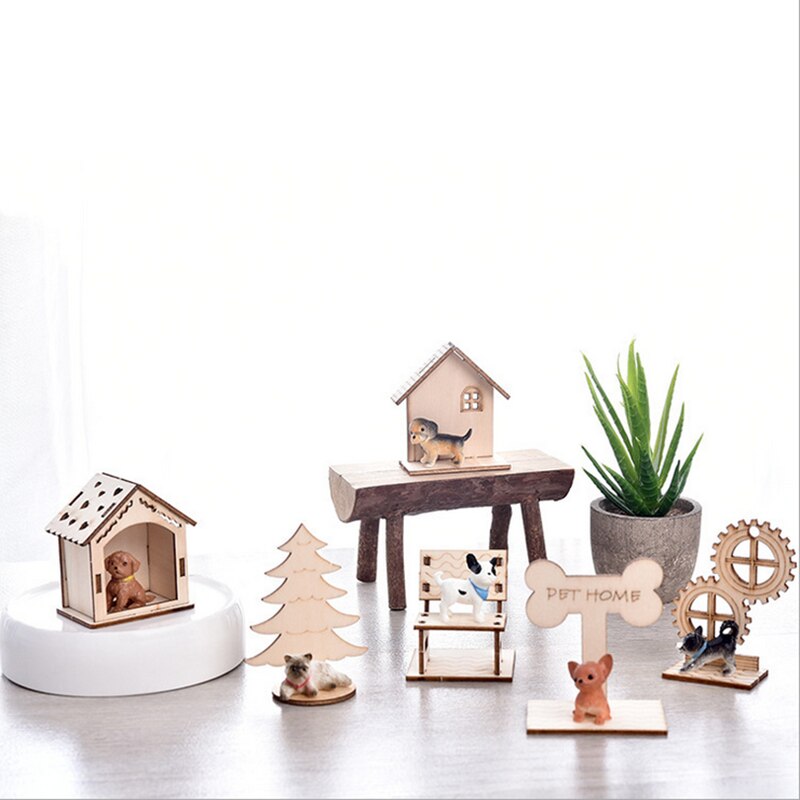 1 sztuk drewniane domowe zwierzę lalka sześć stylów kot placki lalki DIY modelu zabawka robić montażu z tworzywa sztucznego mini Model zwierzęcia budynku