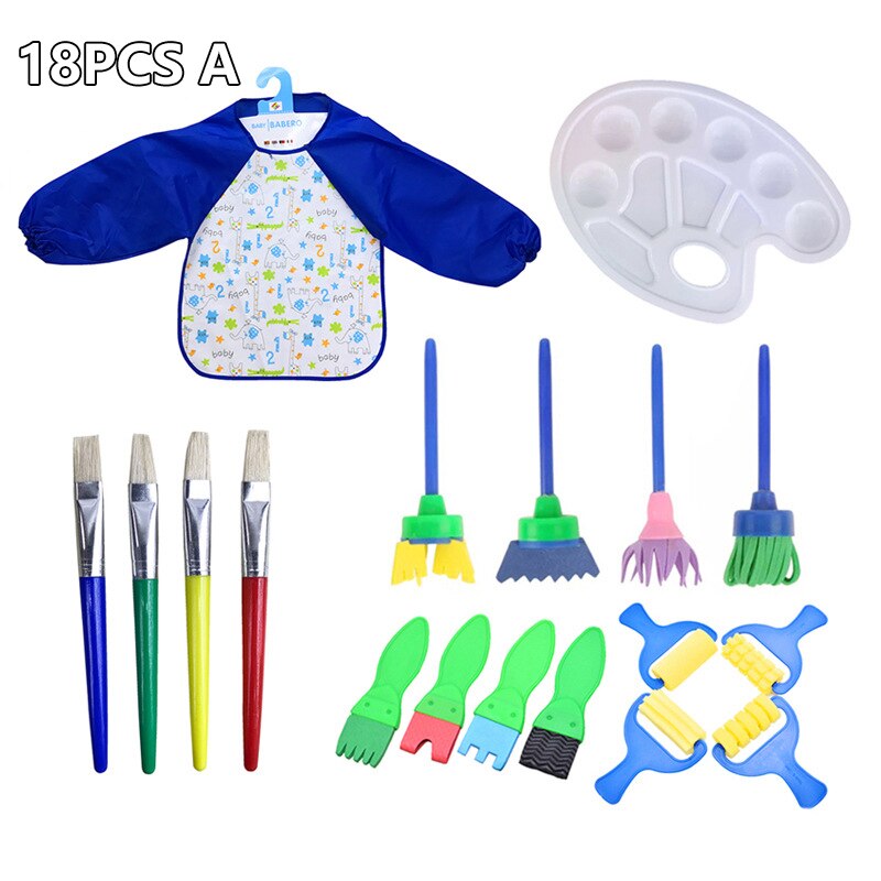 DIY Children Painting Foam Sponge Brush Apron Moulds Tools Kit Kids Early Art Education Learning Drawing Graffito Tools: 18pcs toys gift A