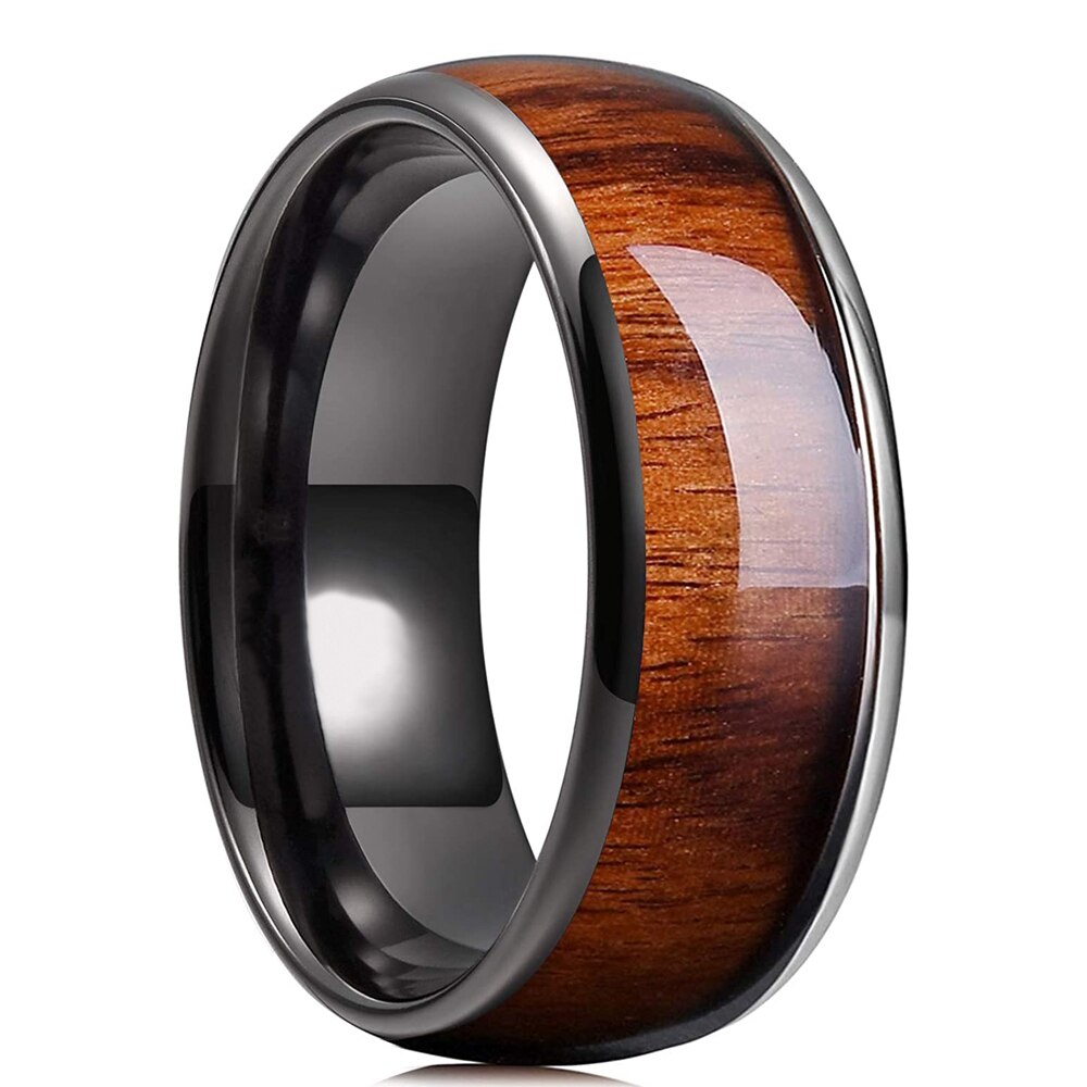 Trendy 8mm Men&#39;s Black Stainless Steel Ring Koa Wood Inlay Dome Engagement Ring For Men Wedding Band Jewelry Size 6-13: 12