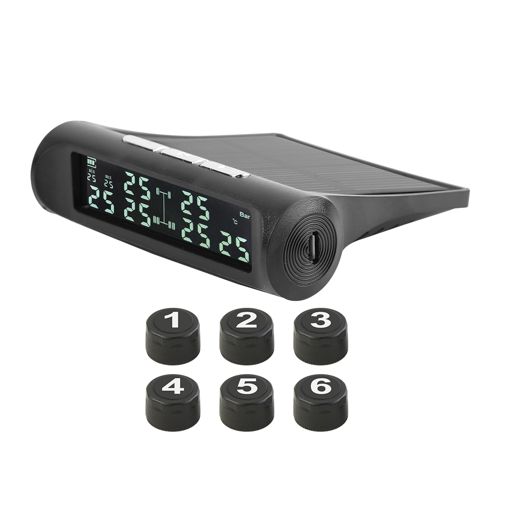 Kit TPMS 6 Roues Solaire Et USB - Surveillance Pression Et Température Pneus Pour Camping-car, Camion - Écran Couleur, Alarmes