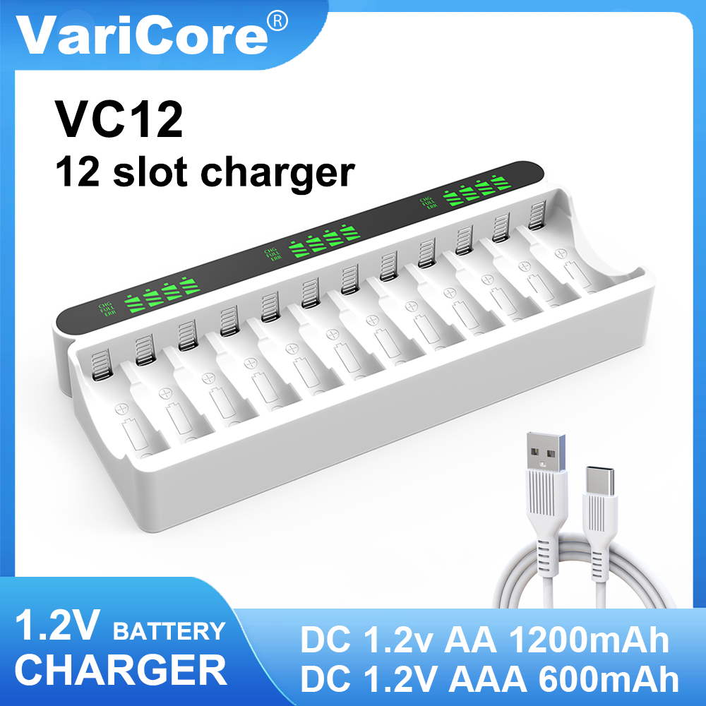 VariCore Neues intelligentes 12-Slot-Ladegerät VC12 Typ C speziell für 1,2 V AA/AAA Ni-MH/Ni-CD-Akku