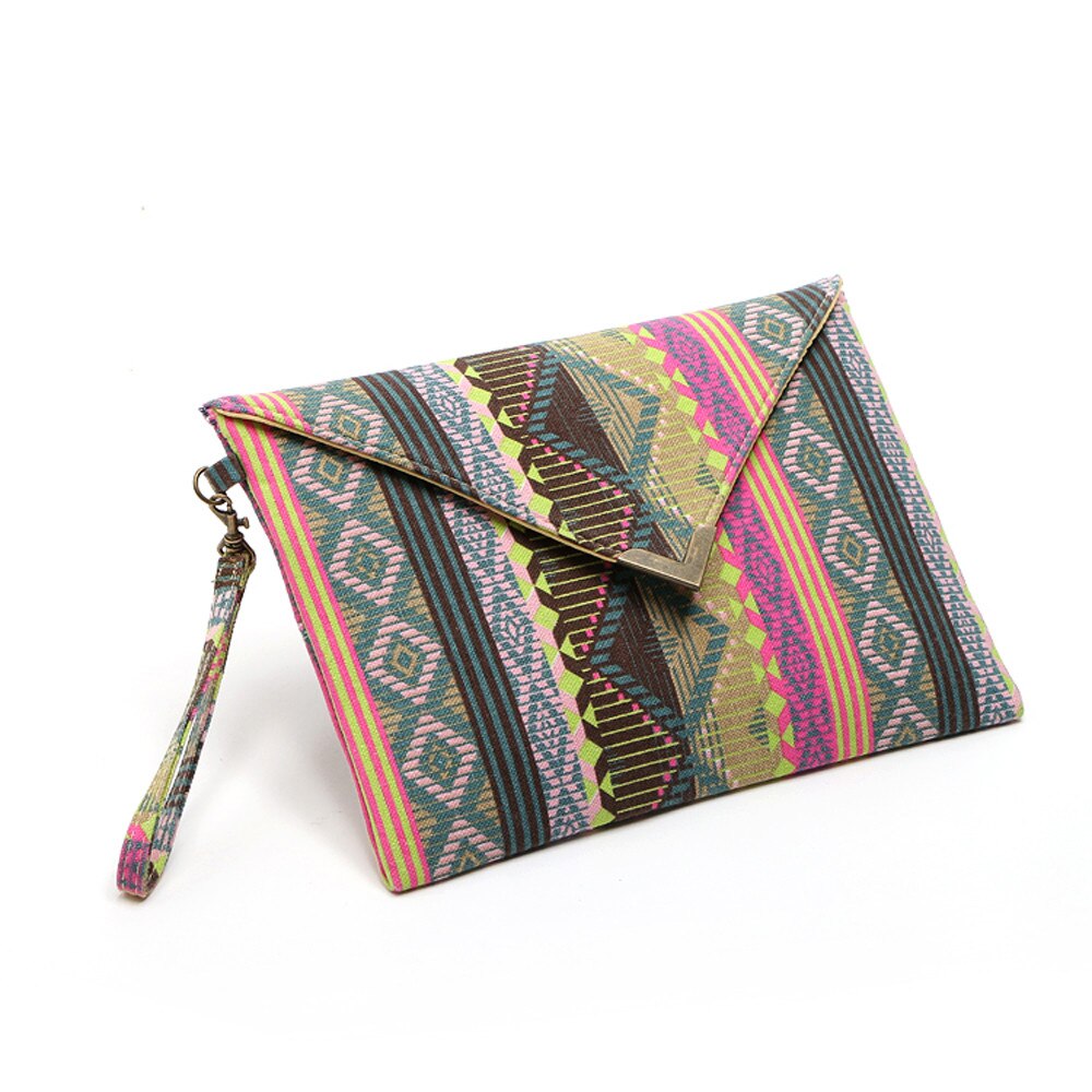 Boho randigt tryck canvas lång dam plånbok dam korthållare tribal kvinnlig handväska väska med kopparaktig dragkedja #f