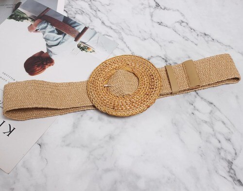 Cinturones de cintura de paja de imitación elásticos de verano, cinturones de tela ajustable con hebilla cuadrada, cinturones bohemios para Vestido de playa: Khaki