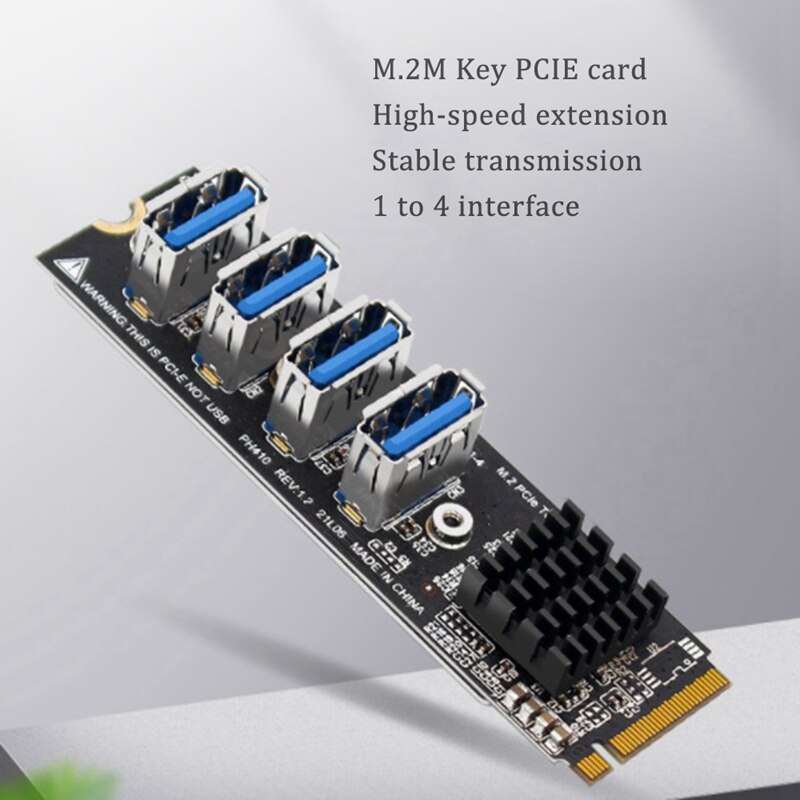 M.2 M-Key Pcie Expansion Cards+PCIE Riser Cable M.2 to Pci-E X1 4 Port USB3.0 Graphics Card Expansion Adapter ASM1184E