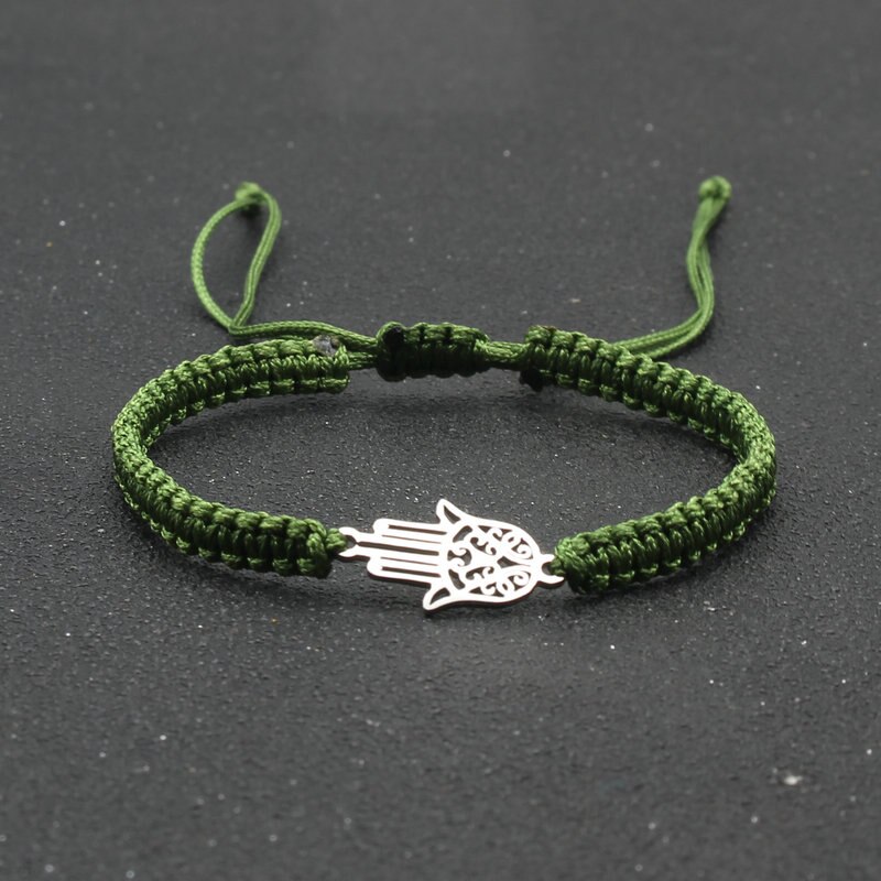 handgefertigt Geflochtene rot Gewinde Seil Armbinde Edelstahl Fatima Hand Charme Armbänder für Frauen Männer Paare Freundschaft Schmuck: ArmyGreen