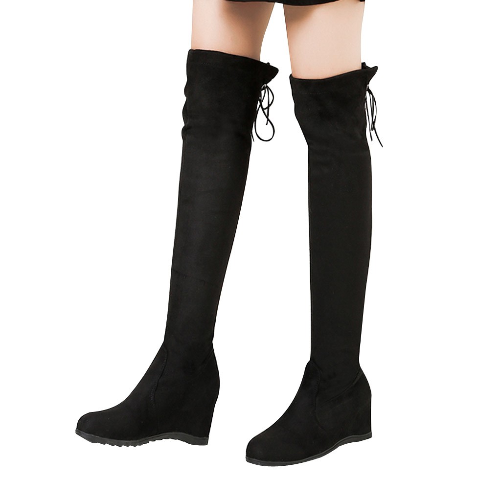 Over Knee Boots Women Winter Wedges Shoes Solid Increased Over Elastic Stretch Lace-Up Platform Shoes Stiefel