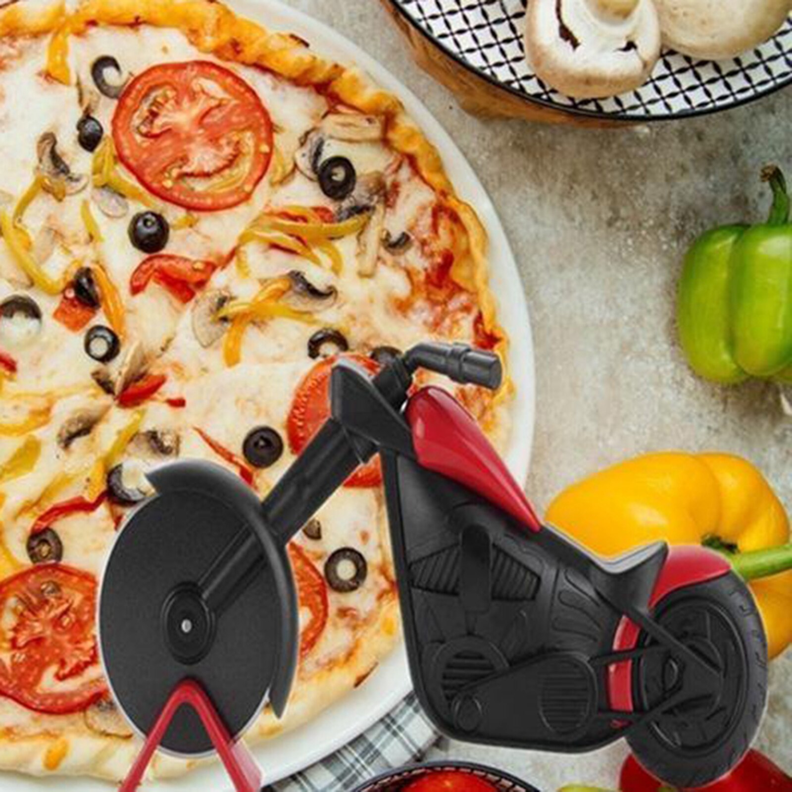 Motorcycle Pizza Cutter, Pizza Slicer Cutter Wheel with Stainless Steel Blade Funny Pizza with Display Stand